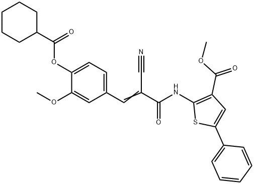 (E)-methyl 2-(2-cyano-3-(4-((cyclohexanecarbonyl)oxy)-3-methoxyphenyl)acrylamido)-5-phenylthiophene-3-carboxylate Struktur