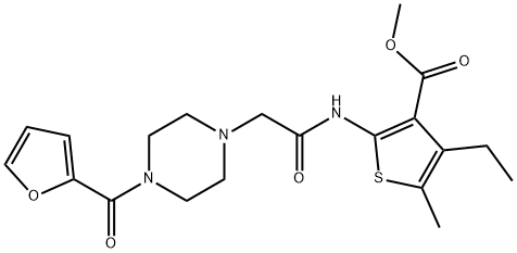 methyl 4-ethyl-2-(2-(4-(furan-2-carbonyl)piperazin-1-yl)acetamido)-5-methylthiophene-3-carboxylate Struktur