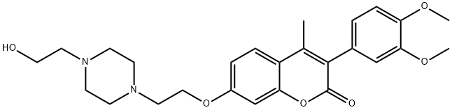 3-(3,4-dimethoxyphenyl)-7-{2-[4-(2-hydroxyethyl)-1-piperazinyl]ethoxy}-4-methyl-2H-chromen-2-one Struktur