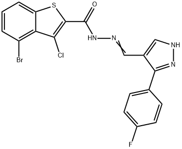 (E)-4-bromo-3-chloro-N'-((3-(4-fluorophenyl)-1H-pyrazol-4-yl)methylene)benzo[b]thiophene-2-carbohydrazide Struktur