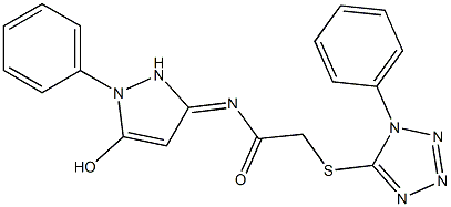 N-(5-hydroxy-1-phenyl-1H-pyrazol-3(2H)-ylidene)-2-((1-phenyl-1H-tetrazol-5-yl)thio)acetamide Struktur