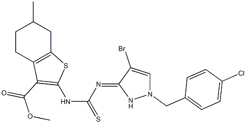 methyl 2-(3-(4-bromo-1-(4-chlorobenzyl)-1H-pyrazol-3(2H)-ylidene)thioureido)-6-methyl-4,5,6,7-tetrahydrobenzo[b]thiophene-3-carboxylate Struktur