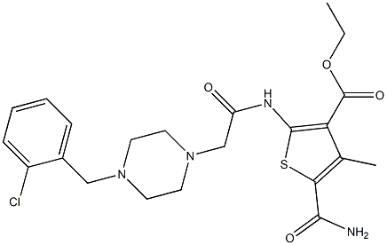 ethyl 5-carbamoyl-2-(2-(4-(2-chlorobenzyl)piperazin-1-yl)acetamido)-4-methylthiophene-3-carboxylate Struktur