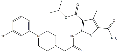 isopropyl 5-carbamoyl-2-(2-(4-(3-chlorophenyl)piperazin-1-yl)acetamido)-4-methylthiophene-3-carboxylate Struktur