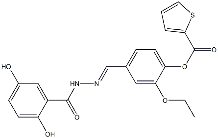 (E)-4-((2-(2,5-dihydroxybenzoyl)hydrazono)methyl)-2-ethoxyphenyl thiophene-2-carboxylate Struktur