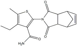 2-(1,3-dioxo-3a,4,7,7a-tetrahydro-1H-4,7-methanoisoindol-2(3H)-yl)-4-ethyl-5-methylthiophene-3-carboxamide Struktur