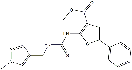 methyl 2-(3-((1-methyl-1H-pyrazol-4-yl)methyl)thioureido)-5-phenylthiophene-3-carboxylate Struktur