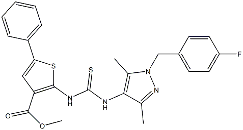 methyl 2-(3-(1-(4-fluorobenzyl)-3,5-dimethyl-1H-pyrazol-4-yl)thioureido)-5-phenylthiophene-3-carboxylate Struktur