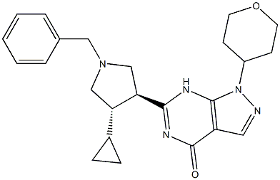 6-((3S,4S)-1-benzyl-4-cyclopropylpyrrolidin-3-yl)-1-(tetrahydro-2H-pyran-4-yl)-1H-pyrazolo[3,4-d]pyrimidin-4(7H)-one Struktur