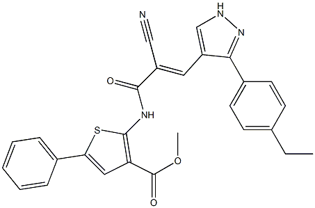 (E)-methyl 2-(2-cyano-3-(3-(4-ethylphenyl)-1H-pyrazol-4-yl)acrylamido)-5-phenylthiophene-3-carboxylate Struktur