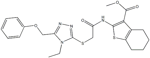 methyl 2-(2-((4-ethyl-5-(phenoxymethyl)-4H-1,2,4-triazol-3-yl)thio)acetamido)-4,5,6,7-tetrahydrobenzo[b]thiophene-3-carboxylate Struktur