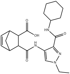 3-((3-(cyclohexylcarbamoyl)-1-ethyl-1H-pyrazol-4-yl)carbamoyl)bicyclo[2.2.1]hept-5-ene-2-carboxylic acid Struktur