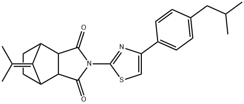 2-(4-(4-isobutylphenyl)thiazol-2-yl)-8-(propan-2-ylidene)hexahydro-1H-4,7-methanoisoindole-1,3(2H)-dione Struktur