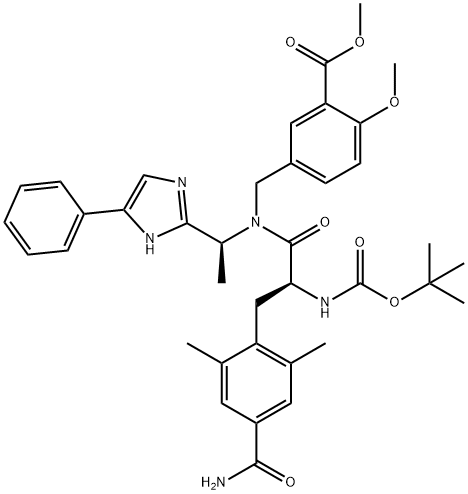 Benzoic acid, 5-[[[(2S)-3-[4-(aminocarbonyl)-2,6-dimethylphenyl]-2-[[(1,1-dimethylethoxy)carbonyl]amino]-1-oxopropyl][(1S)-1-(5-phenyl-1H-imidazol-2-yl)ethyl]amino]methyl]-2-methoxy-, methyl ester Struktur