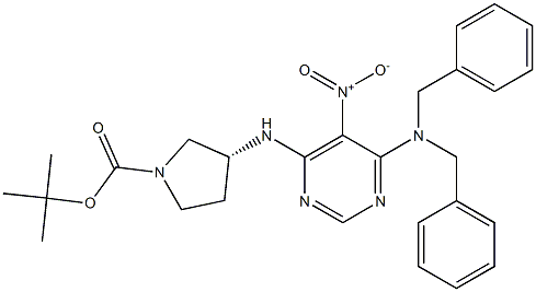 1-Pyrrolidinecarboxylic acid, 3-[[6-[bis(phenylmethyl)amino]-5-nitro-4-pyrimidinyl]amino]-, 1,1-dimethylethyl ester, (3R)- Struktur