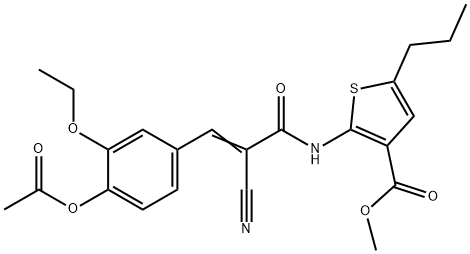 (E)-methyl 2-(3-(4-acetoxy-3-ethoxyphenyl)-2-cyanoacrylamido)-5-propylthiophene-3-carboxylate Struktur