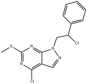 4-Chloro-1-(2-chloro-2-phenylethyl)-6-(methylthio)-1H-pyrazolo[3,4-d]pyrimidine Struktur