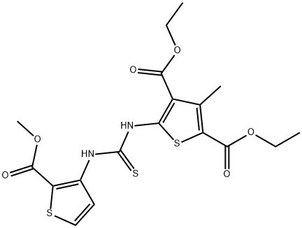 diethyl 5-(3-(2-(methoxycarbonyl)thiophen-3-yl)thioureido)-3-methylthiophene-2,4-dicarboxylate Struktur