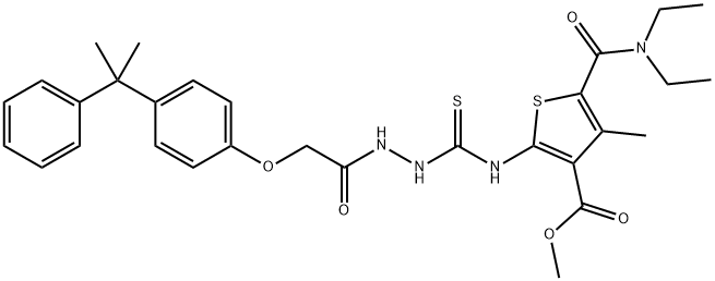 methyl 5-(diethylcarbamoyl)-4-methyl-2-(2-(2-(4-(2-phenylpropan-2-yl)phenoxy)acetyl)hydrazinecarbothioamido)thiophene-3-carboxylate Struktur