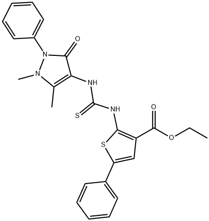 ethyl 2-(3-(1,5-dimethyl-3-oxo-2-phenyl-2,3-dihydro-1H-pyrazol-4-yl)thioureido)-5-phenylthiophene-3-carboxylate Struktur