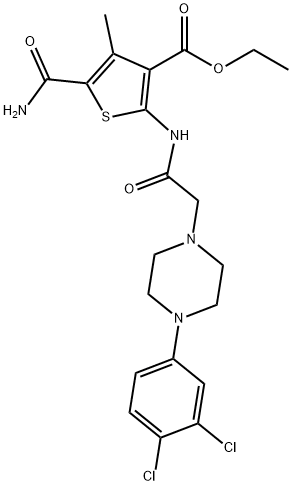 ethyl 5-carbamoyl-2-(2-(4-(3,4-dichlorophenyl)piperazin-1-yl)acetamido)-4-methylthiophene-3-carboxylate Struktur