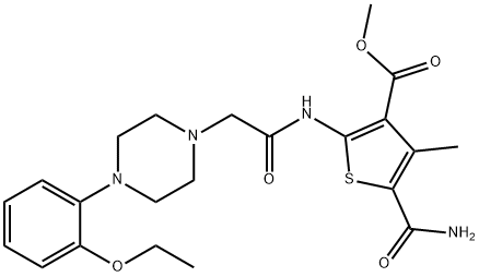 methyl 5-carbamoyl-2-(2-(4-(2-ethoxyphenyl)piperazin-1-yl)acetamido)-4-methylthiophene-3-carboxylate Struktur