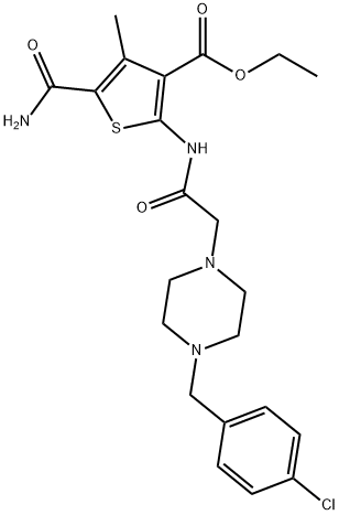 ethyl 5-carbamoyl-2-(2-(4-(4-chlorobenzyl)piperazin-1-yl)acetamido)-4-methylthiophene-3-carboxylate Struktur