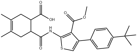 6-((4-(4-(tert-butyl)phenyl)-3-(methoxycarbonyl)thiophen-2-yl)carbamoyl)-3,4-dimethylcyclohex-3-enecarboxylic acid Struktur