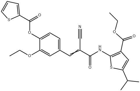 (E)-4-(2-cyano-3-((3-(ethoxycarbonyl)-5-isopropylthiophen-2-yl)amino)-3-oxoprop-1-en-1-yl)-2-ethoxyphenyl thiophene-2-carboxylate Struktur