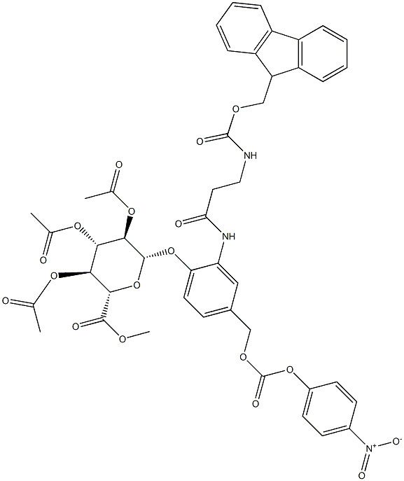 (2S,3S,4S,5R,6S)-methyl-6-(2-(3-(((9H-fluoren-9yl)methoxy)carbonyl-amino)propanamido)-4-(((4-nitrophenoxy)carbonyloxy)methyl)phenoxy)-3,4,5-triacetoxy-tetrahydro-2H-pyran-2-carboxylate Struktur