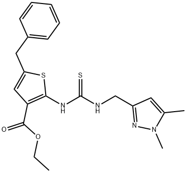 ethyl 5-benzyl-2-(3-((1,5-dimethyl-1H-pyrazol-3-yl)methyl)thioureido)thiophene-3-carboxylate Struktur