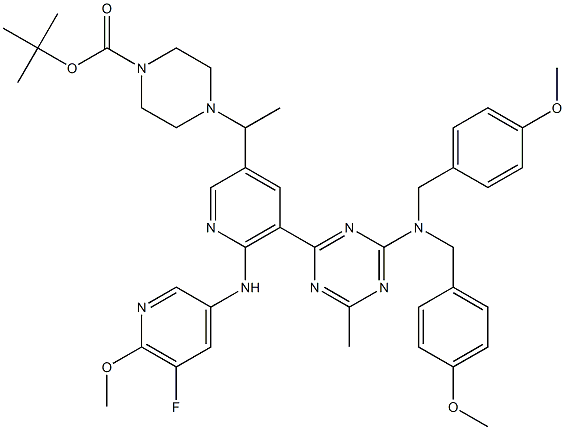 tert-butyl 4-(1-(5-(4-(bis(4-methoxybenzyl)amino)-6-methyl-1,3,5-triazin-2-yl)-6-(5-fluoro-6-methoxypyridin-3-ylamino)pyridin-3-yl)ethyl)piperazine-1-carboxylate Struktur