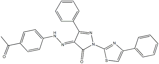 4-[(4-acetylphenyl)hydrazono]-5-phenyl-2-(4-phenyl-1,3-thiazol-2-yl)-2,4-dihydro-3H-pyrazol-3-one Struktur