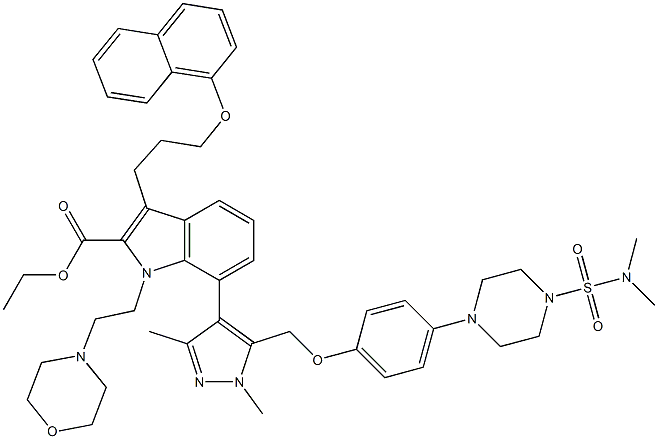 ethyl 7-(5-((4-(4-(N,N-dimethylsulfamoyl)piperazin-1-yl)phenoxy)methyl)-1,3-dimethyl-1H-pyrazol-4-yl)-1-(2-morpholinoethyl)-3-(3-(naphthalen-1-yloxy)propyl)-1H-indole-2-carboxylate Struktur