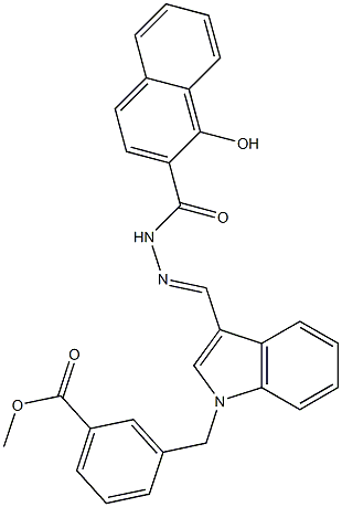 (E)-methyl 3-((3-((2-(1-hydroxy-2-naphthoyl)hydrazono)methyl)-1H-indol-1-yl)methyl)benzoate Struktur