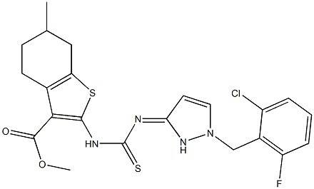 methyl 2-(3-(1-(2-chloro-6-fluorobenzyl)-1H-pyrazol-3(2H)-ylidene)thioureido)-6-methyl-4,5,6,7-tetrahydrobenzo[b]thiophene-3-carboxylate Struktur