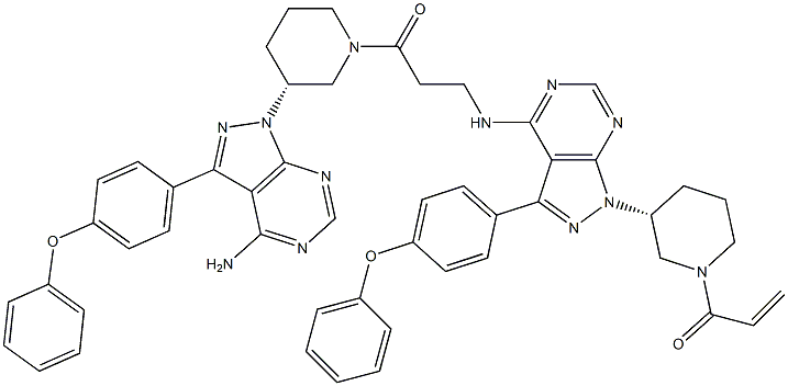 1-((R)-3-(4-((3-((R)-3-(4-amino-3-(4-phenoxyphenyl)-1H-pyrazolo[3,4-d]pyrimidin-1-yl)piperidin-1-yl)-3-oxopropyl)amino)-3-(4-phenoxyphenyl)-1H-pyrazolo[3,4-d]pyrimidin-1-yl)piperidin-1-yl)prop-2-en-1-one Struktur