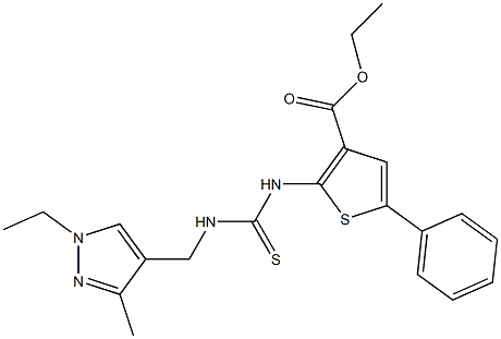 ethyl 2-(3-((1-ethyl-3-methyl-1H-pyrazol-4-yl)methyl)thioureido)-5-phenylthiophene-3-carboxylate Struktur