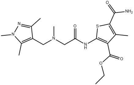 ethyl 5-carbamoyl-4-methyl-2-(2-(methyl((1,3,5-trimethyl-1H-pyrazol-4-yl)methyl)amino)acetamido)thiophene-3-carboxylate Struktur