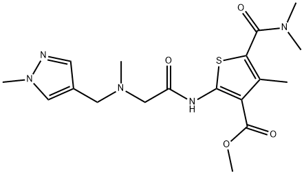 methyl 5-(dimethylcarbamoyl)-4-methyl-2-(2-(methyl((1-methyl-1H-pyrazol-4-yl)methyl)amino)acetamido)thiophene-3-carboxylate Struktur