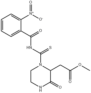 methyl (1-{[(2-nitrobenzoyl)amino]carbonothioyl}-3-oxo-2-piperazinyl)acetate Struktur