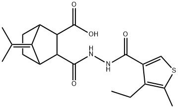 3-(2-(4-ethyl-5-methylthiophene-3-carbonyl)hydrazinecarbonyl)-7-(propan-2-ylidene)bicyclo[2.2.1]heptane-2-carboxylic acid Struktur