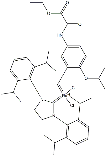 Dichloro[1,3-bis(2,6-diisopropylphenyl)imidazolidin-2-ylidene][(5-(2-ethoxy-2-oxoethanamido))-(2-isopropoxy)benzylidene]ruthenium(II) Struktur