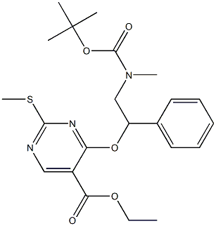 Ethyl 4-(2-((tert-butoxycarbonyl)(methyl)amino)-1-phenylethoxy)-2-(methylthio)pyrimidine-5-carboxylate Struktur