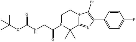 tert-butyl 2-(3-bromo-2-(4-fluorophenyl)-8,8-dimethyl-5,6-dihydroimidazo[1,2-a]pyrazin-7(8H)-yl)-2-oxoethylcarbamate Struktur