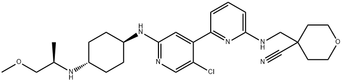 4-((5'-chloro-2'-((1R,4r)-4-((R)-1-methoxypropan-2-ylamino)cyclohexylamino)-2,4'-bipyridin-6-ylamino)methyl)tetrahydro-2H-pyran-4-carbonitrile Struktur