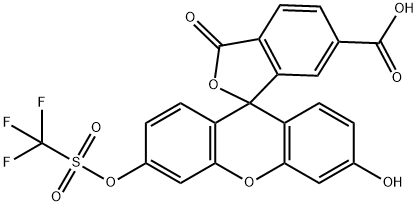 Spiro[isobenzofuran-1(3H),9'-[9H]xanthene]-6-carboxylic acid, 3'-hydroxy-3-oxo-6'-[[(trifluoromethyl)sulfonyl]oxy]- Struktur