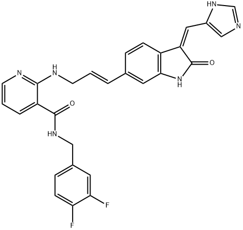 2-((E)-3-((Z)-3-((1H-imidazol-5-yl)methylene)-2-oxoindolin-6-yl)allylamino)-N-(3,4-difluorobenzyl)nicotinamide Struktur