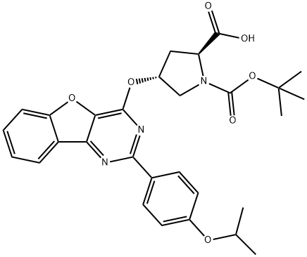 (2S,4R)-1-(tert-butoxycarbonyl)-4-((2-(4-isopropoxyphenyl)benzofuro[3,2-d]pyrimidin-4-yl)oxy)pyrrolidine-2-carboxylicacid Struktur