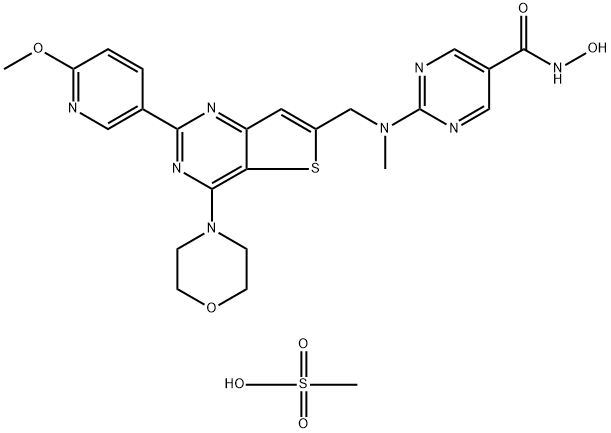 N-hydroxy-2-(((2-(6-methoxypyridin-3-yl)-4-morpholinothieno[3,2-d]pyrimidin-6-yl)methyl)(methyl)amino)pyrimidine-5-carboxamidemethanesulfonate Struktur